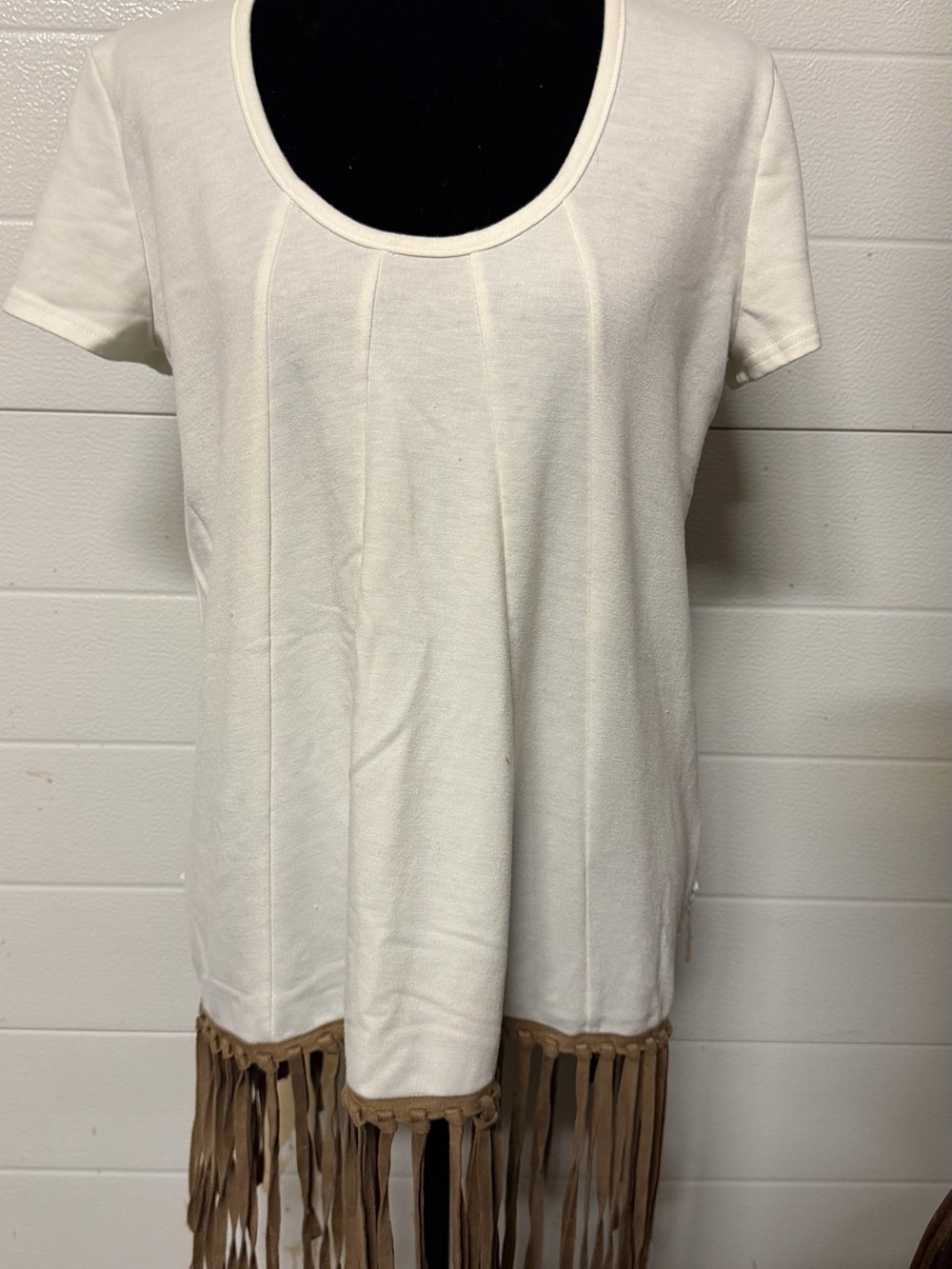 Judith March Cream Short Sleeve Top with Tan Fringe Hem